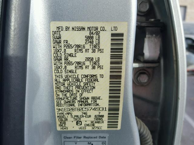 5N1ED28T82C574931 - 2002 NISSAN XTERRA XE SILVER photo 10