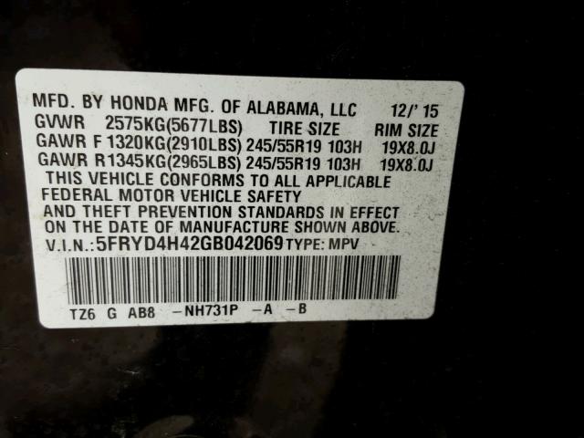 5FRYD4H42GB042069 - 2016 ACURA MDX TECHNO BLACK photo 10