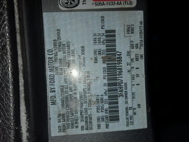 3FAHP07196R198847 - 2006 FORD FUSION SE GRAY photo 10