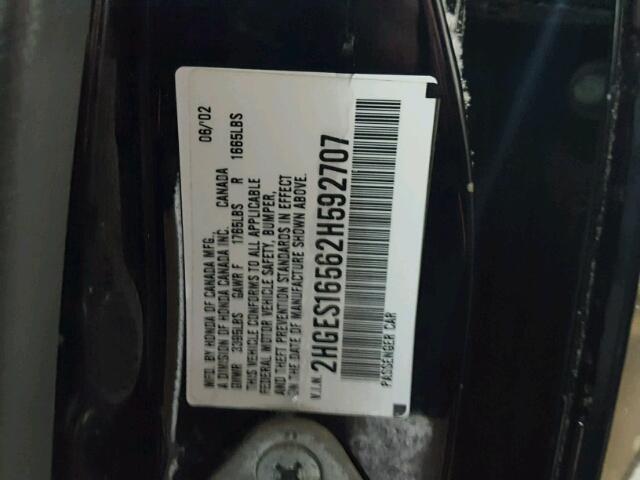 2HGES16562H592707 - 2002 HONDA CIVIC LX BLACK photo 10