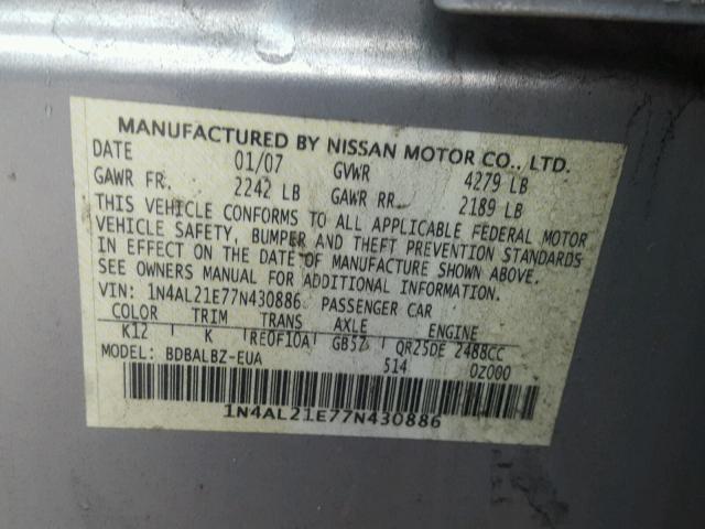 1N4AL21E77N430886 - 2007 NISSAN ALTIMA 2.5 SILVER photo 10