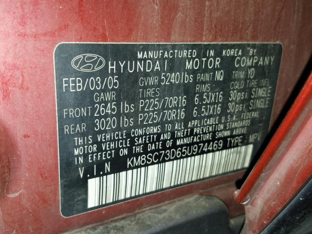 KM8SC73D65U974469 - 2005 HYUNDAI SANTA FE G RED photo 10