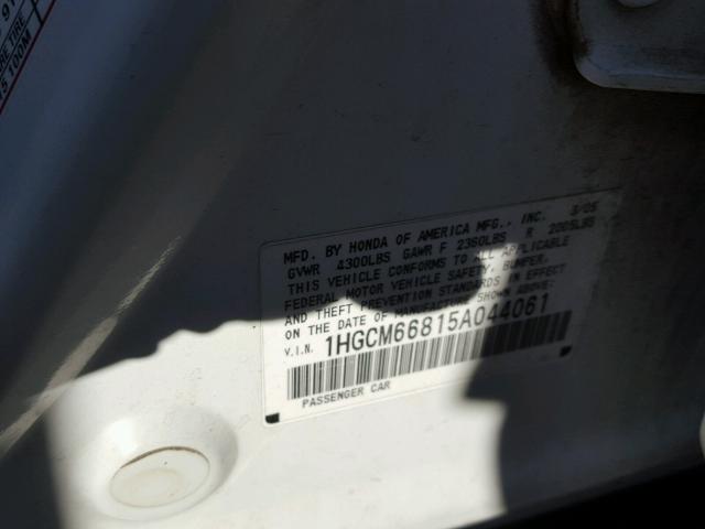 1HGCM66815A044061 - 2005 HONDA ACCORD EX WHITE photo 10