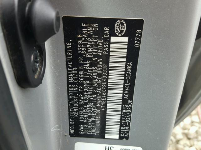 4T1BE46K79U403338 - 2009 TOYOTA CAMRY BASE SILVER photo 10