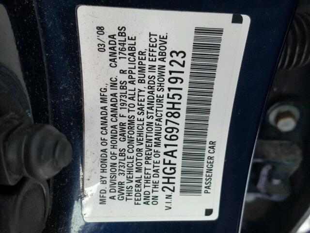 2HGFA16978H519123 - 2008 HONDA CIVIC EXL 蓝色 照片 10