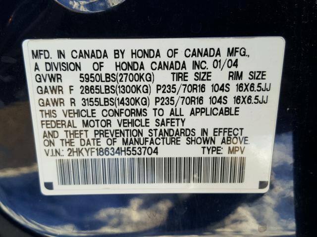 2HKYF18634H553704 - 2004 HONDA PILOT EXL BLUE photo 10