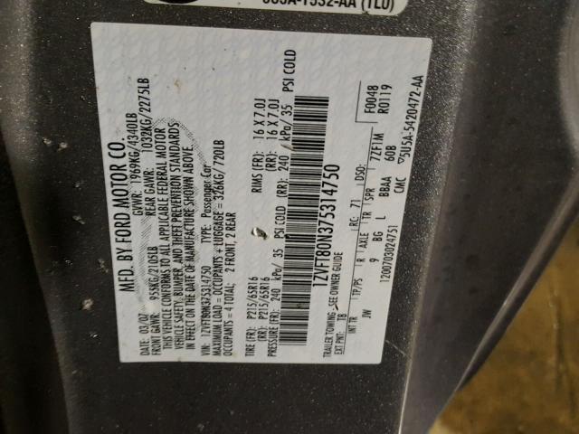 1ZVFT80N375314750 - 2007 FORD MUSTANG GRAY photo 10