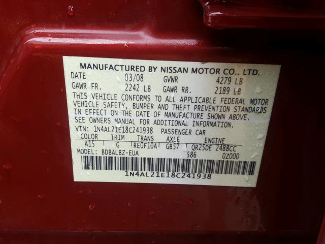 1N4AL21E18C241938 - 2008 NISSAN ALTIMA 2.5 MAROON photo 10