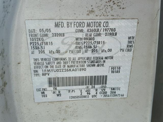 1FMYU02Z26KA01890 - 2006 FORD ESCAPE XLS SILVER photo 10