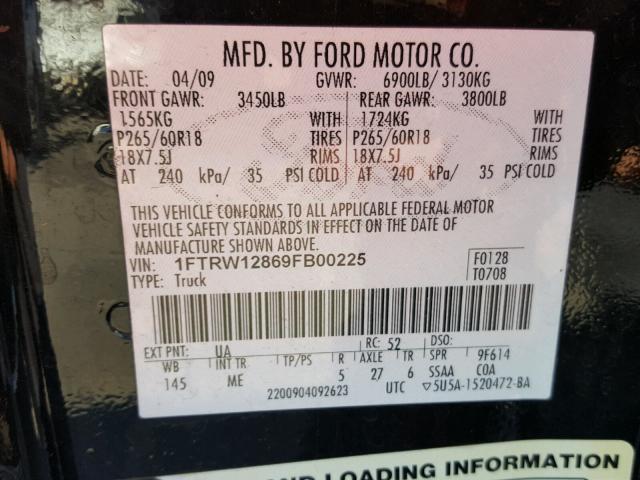 1FTRW12869FB00225 - 2009 FORD F150 SUPER BLACK photo 10