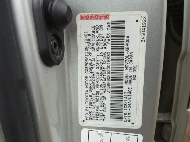 JTDBF30K520016630 - 2002 TOYOTA CAMRY LE SILVER photo 10