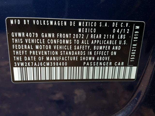 3VW2K7AJ6CM398400 - 2012 VOLKSWAGEN JETTA BASE ლურჯი ფოტო 10