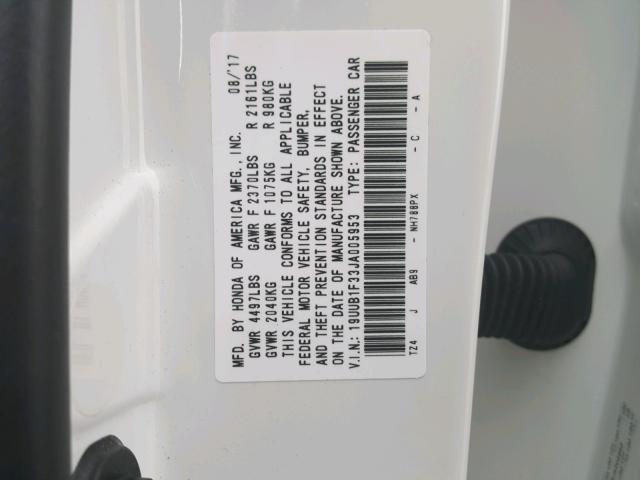 19UUB1F33JA005953 - 2018 ACURA TLX WHITE photo 10