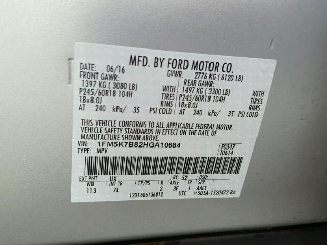 1FM5K7B82HGA10684 - 2017 FORD EXPLORER SILVER photo 10