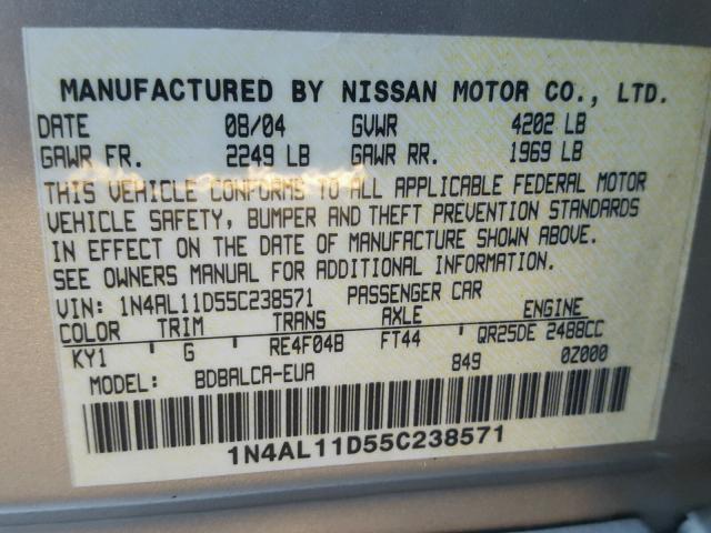 1N4AL11D55C238571 - 2005 NISSAN ALTIMA S SILVER photo 10