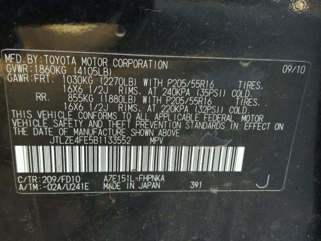 JTLZE4FE5B1133552 - 2011 TOYOTA SCION XB BLACK photo 10