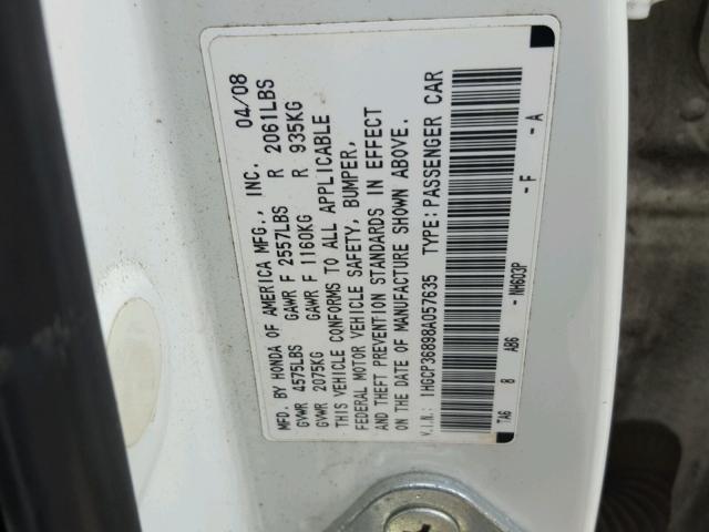 1HGCP36898A057635 - 2008 HONDA ACCORD EXL WHITE photo 10