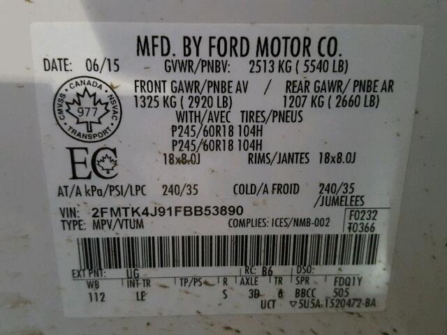 2FMTK4J91FBB53890 - 2015 FORD EDGE SEL WHITE photo 10