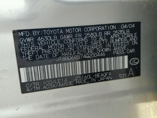 JT8BD69S740200446 - 2004 LEXUS GS 300 SILVER photo 10