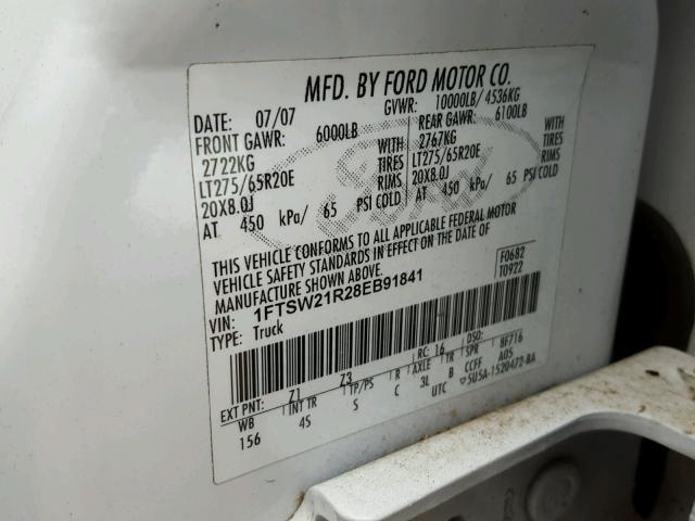 1FTSW21R28EB91841 - 2008 FORD F250 SUPER WHITE photo 10