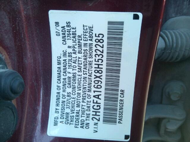 2HGFA169X8H532285 - 2008 HONDA CIVIC EXL MAROON photo 10