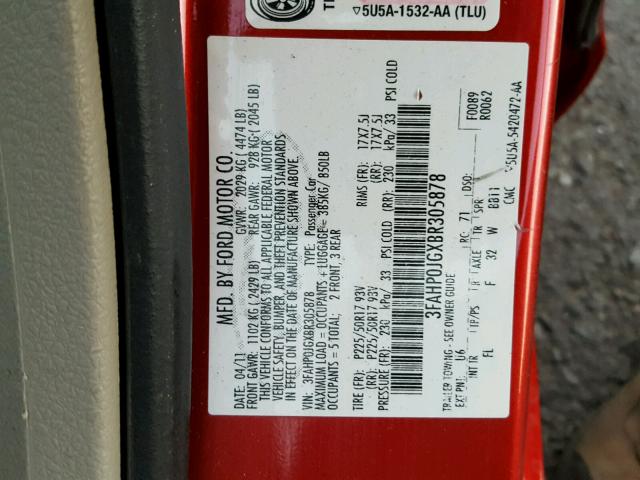 3FAHP0JGXBR305878 - 2011 FORD FUSION SEL RED photo 10