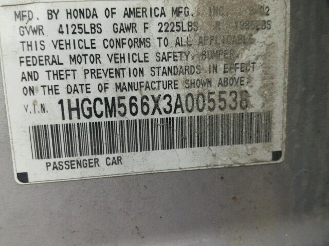 1HGCM566X3A005538 - 2003 HONDA ACCORD EX GRAY photo 10