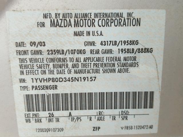 1YVHP80D345N19157 - 2004 MAZDA 6 S SILVER photo 10