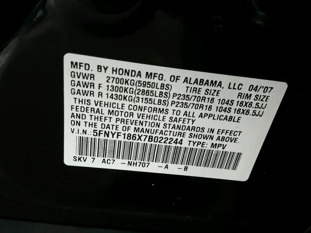 5FNYF186X7B022244 - 2007 HONDA PILOT EXL BLACK photo 10