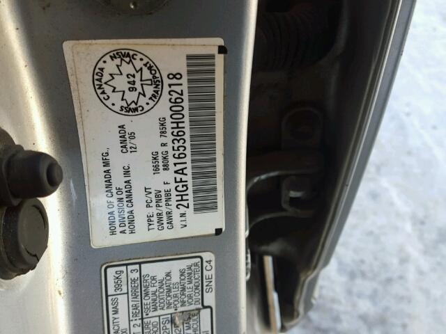 2HGFA16536H006218 - 2006 HONDA CIVIC LX SILVER photo 10