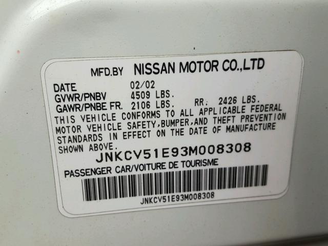 JNKCV51E93M008308 - 2003 INFINITI G35 WHITE photo 10