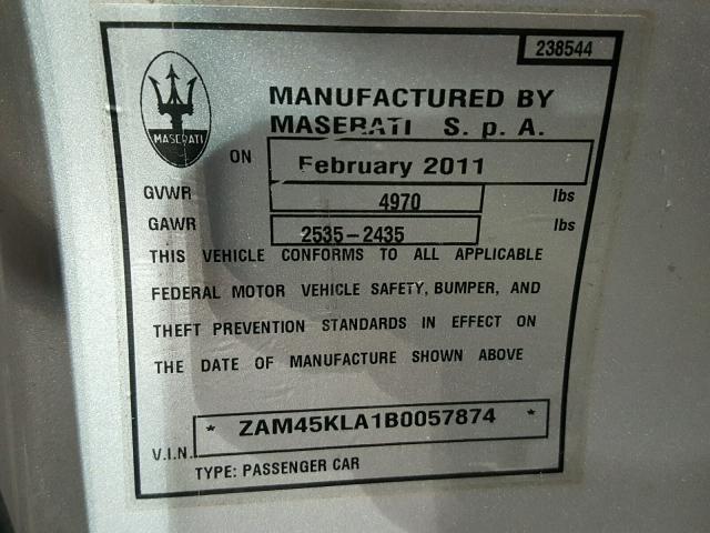 ZAM45KLA1B0057874 - 2011 MASERATI GRANTURISM SILVER photo 10