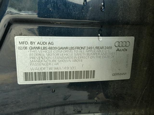 WAUDF78E98A149101 - 2008 AUDI A4 2.0T QU BLACK photo 10