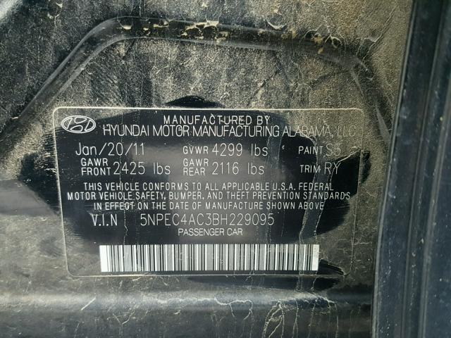 5NPEC4AC3BH229095 - 2011 HYUNDAI SONATA SE BLACK photo 10