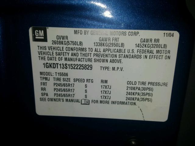 1GKDT13S152225829 - 2005 GMC ENVOY BLUE photo 10