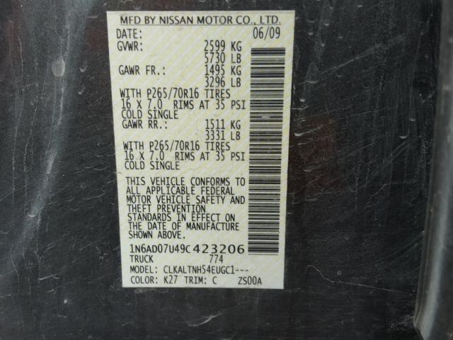 1N6AD07U49C423206 - 2009 NISSAN FRONTIER C GRAY photo 10