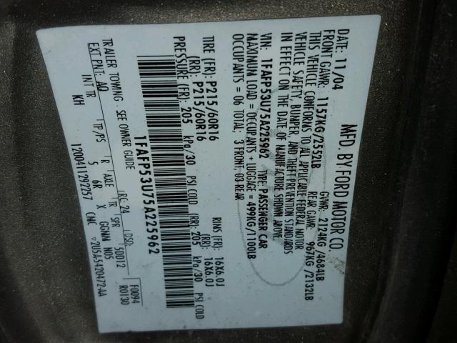 1FAFP53U75A225962 - 2005 FORD TAURUS SE SILVER photo 10