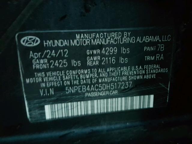 5NPEB4AC5DH517237 - 2013 HYUNDAI SONATA GLS BLACK photo 10