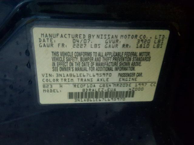 3N1AB61E67L695970 - 2007 NISSAN SENTRA 2.0 BLUE photo 10