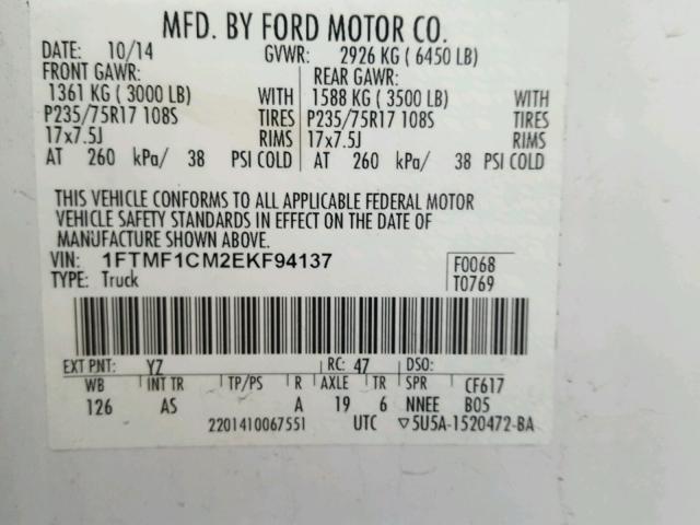 1FTMF1CM2EKF94137 - 2014 FORD F150 WHITE photo 10