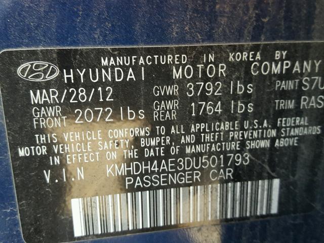 KMHDH4AE3DU501793 - 2013 HYUNDAI ELANTRA GL BLUE photo 10