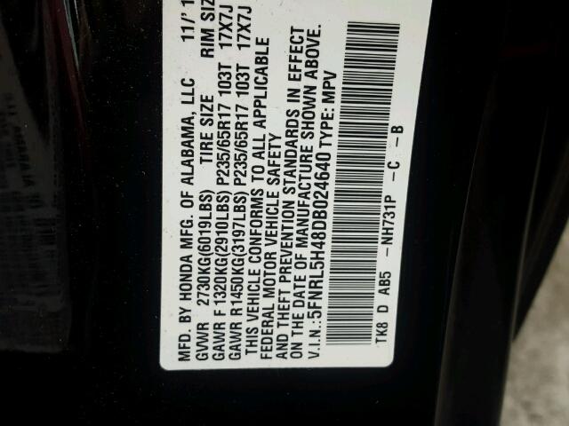 5FNRL5H48DB024640 - 2013 HONDA ODYSSEY EX BLACK photo 10