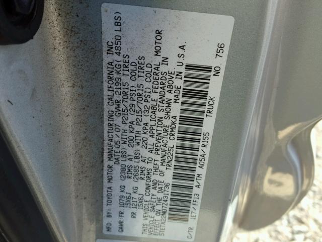 5TETX22N07Z431736 - 2007 TOYOTA TACOMA ACC SILVER photo 10