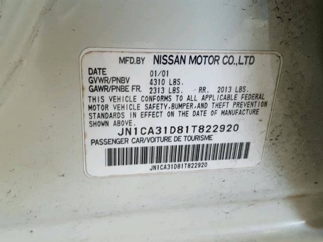 JN1CA31D81T822920 - 2001 NISSAN MAXIMA GXE WHITE photo 10