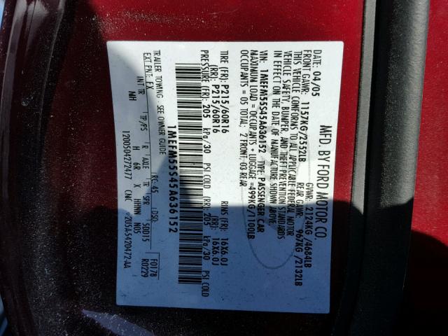 1MEFM55S45A636152 - 2005 MERCURY SABLE LS P RED photo 10