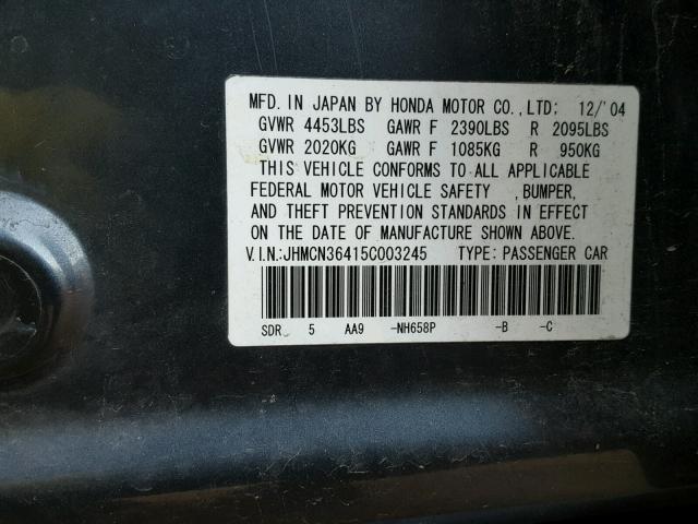 JHMCN36415C003245 - 2005 HONDA ACCORD HYB BLACK photo 10