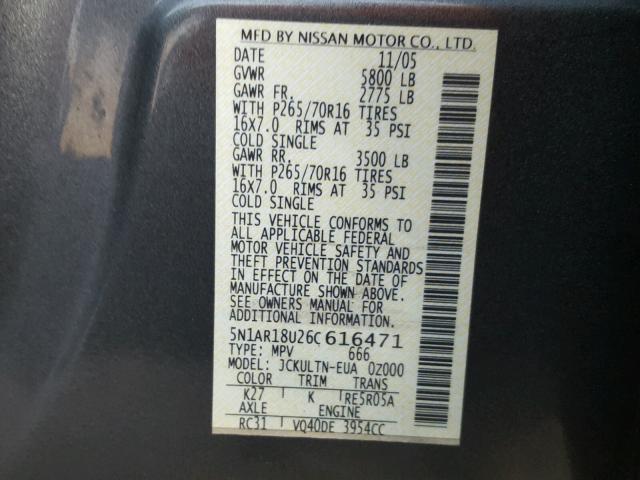 5N1AR18U26C616471 - 2006 NISSAN PATHFINDER GRAY photo 10