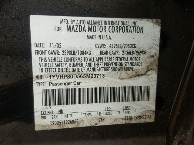 1YVHP80D565M23713 - 2006 MAZDA 6 S BLACK photo 10