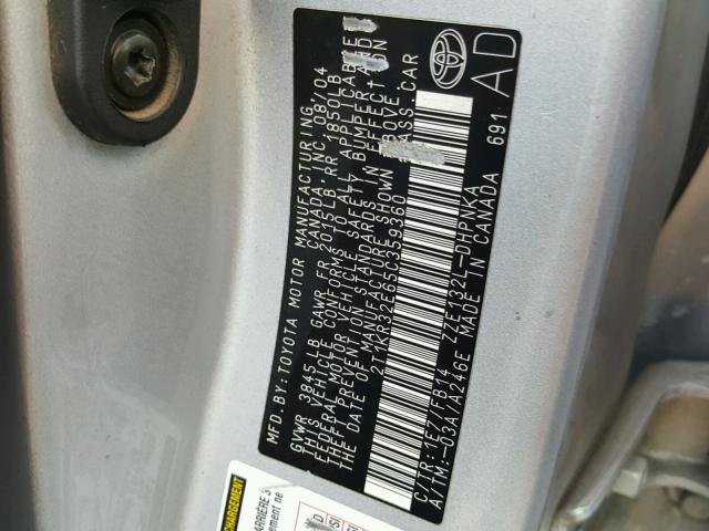 2T1KR32E65C359360 - 2005 TOYOTA COROLLA MA SILVER photo 10