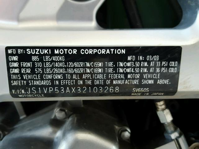 JS1VP53AX32103268 - 2003 SUZUKI SV650 SILVER photo 10